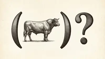 Gravure : un taureau de profil encadré par deux grandes parenthèses, suivi d'un point d'interrogation.